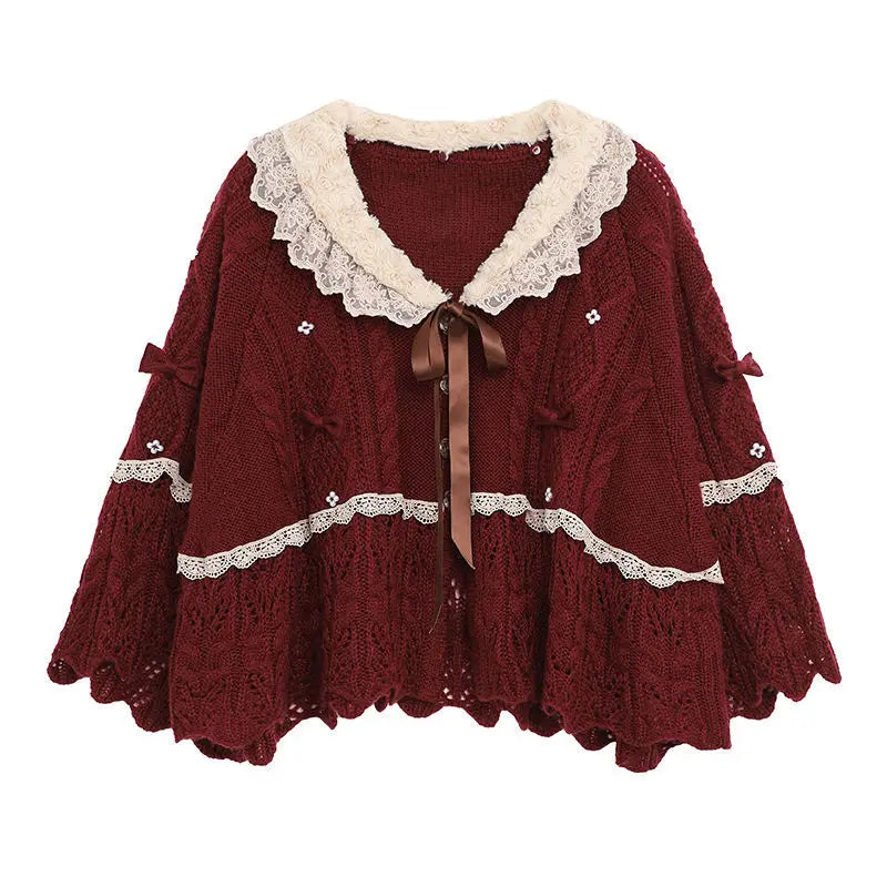 Women Clothing 2026 Autumn Winter Vintage Lovely Lace Doll Neck Wine Red Sweater Languid Breeze Soft Waxy Sweet Sweater Women