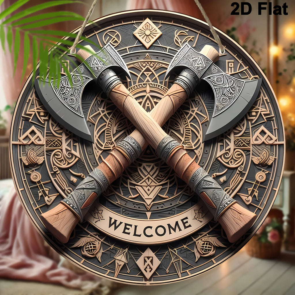 Viking Brand Aluminum Viking Axe Welcome Sign - Norse Design Wall Art Wall-Mounted Unique Home Decor Accent