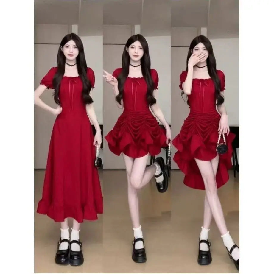 Women's Fashion 1 Dress Four Wear Method Lady Graceful Retro Square Collar Short Sleeve Black Dresses 2025 New Dinner Party Gown