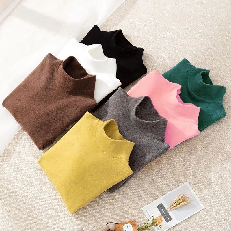 Children's Clothing Boys Girls Winter Thermal T-shirts Turtleneck Solid Long Sleeve Soft Warm Fleece Bottoming Shirts Kids Tops