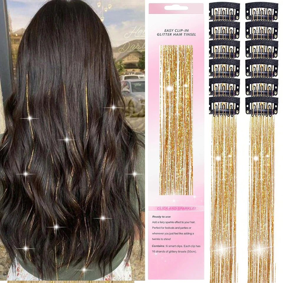 12Pcs Hair Tinsel Clip In Fashion Glitter Tinsel Synthetic Straight Hair Extensions Tinsel Kit Shiny Hair Accessories For Women