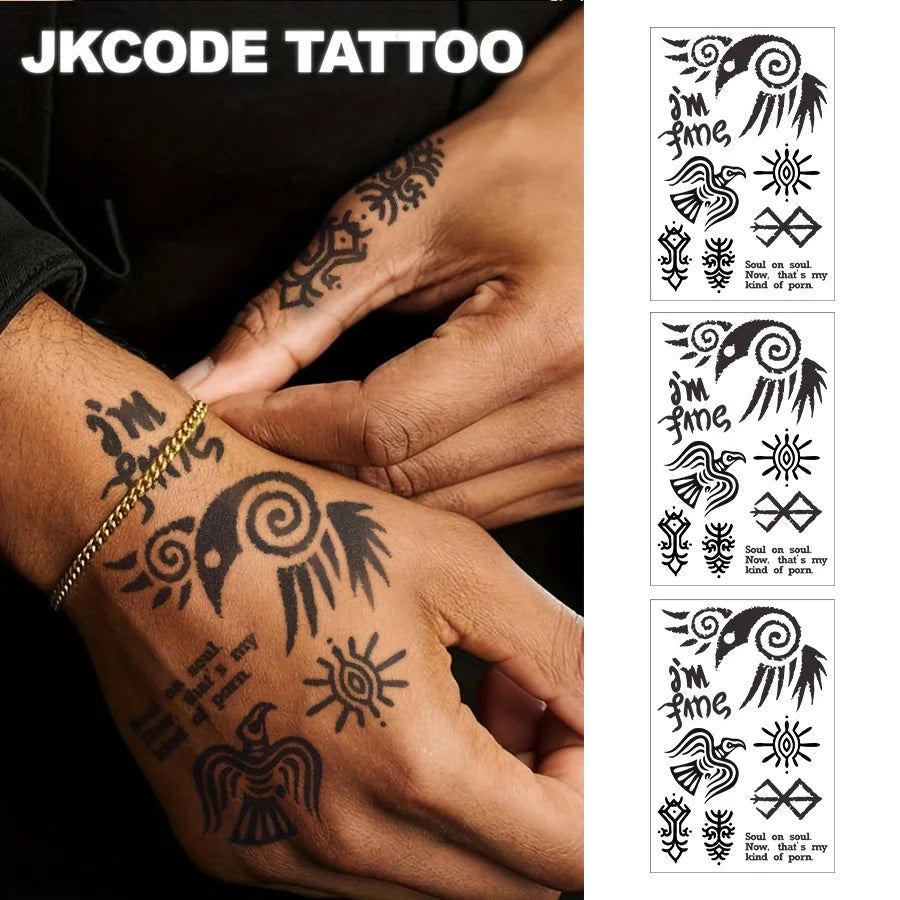 Waterproof Viking Ravens Tattoo, Hands, Cryptic Symbol Temporary Tattoos, Magic Tattoos, Lasts 1-2 Weeks, Tattoos for Man