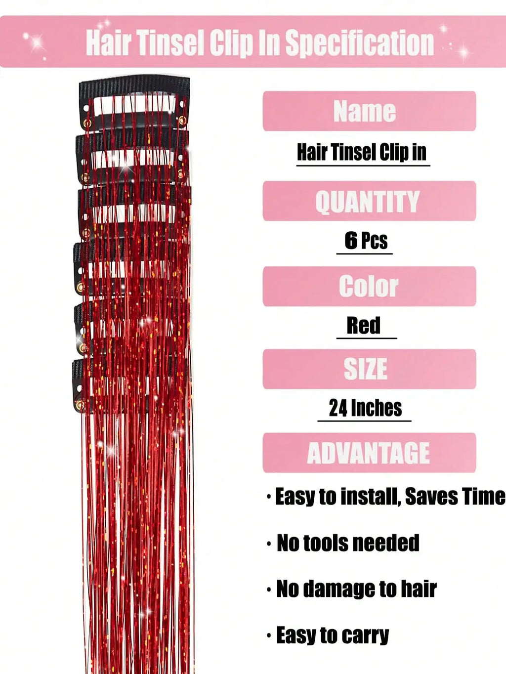6 Pcs Royal Clip-In Hair Tinsel Synthetic Heat Resistant Glitter Fairy Hair Extensions Kit Clip for Women Girls Party Daily Use