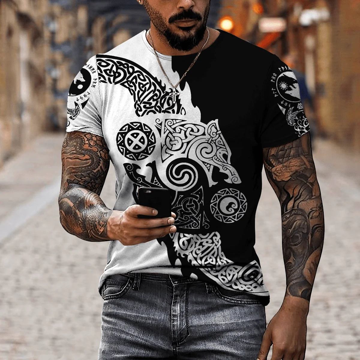 Summer 2022 Viking Mystic Ancient Symbol Charm with Men's Printed T-shirt O Neck Short Sleeve Oversized Loose Street Casual Top