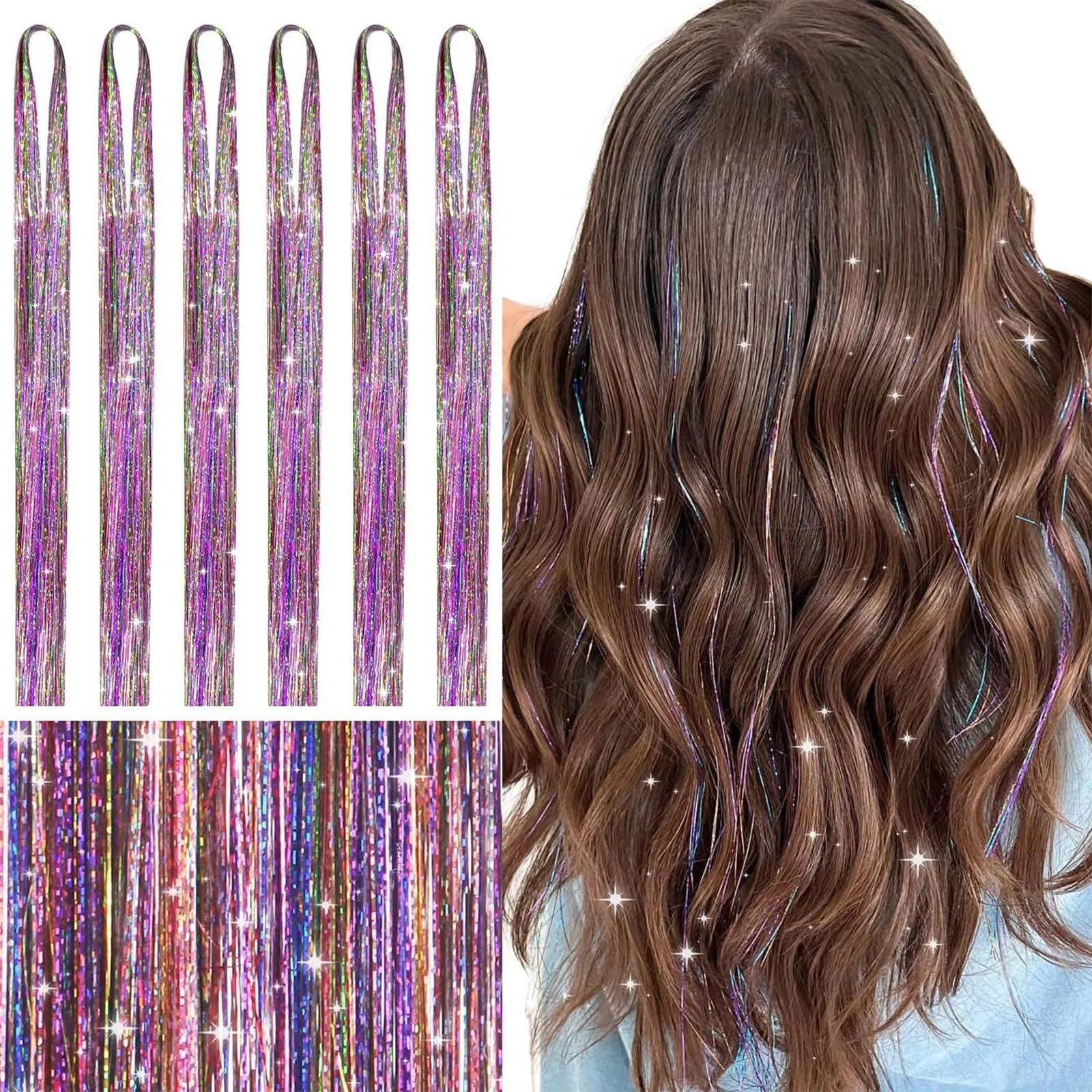 120cm Shiny Sparkle Threads Glitter Hair Tinsel Rainbow Strands Gold Hair Laser False Hair Extensions For Women Girls Styling