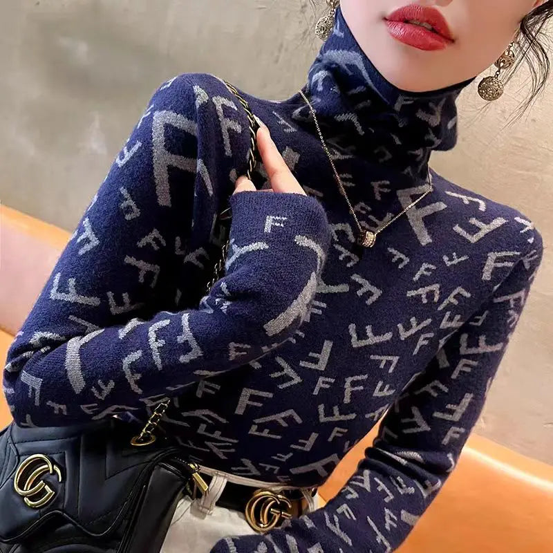 Women Clothing Elegant Fashion Letter Knit Pullover Autumn Winter Casual All-match Half High Collar Long Sleeve Sweater Slim Top