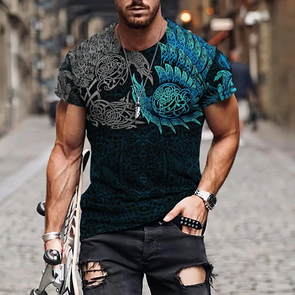 Summer 2022 Viking Mystic Ancient Symbol Charm with Men's Printed T-shirt O Neck Short Sleeve Oversized Loose Street Casual Top