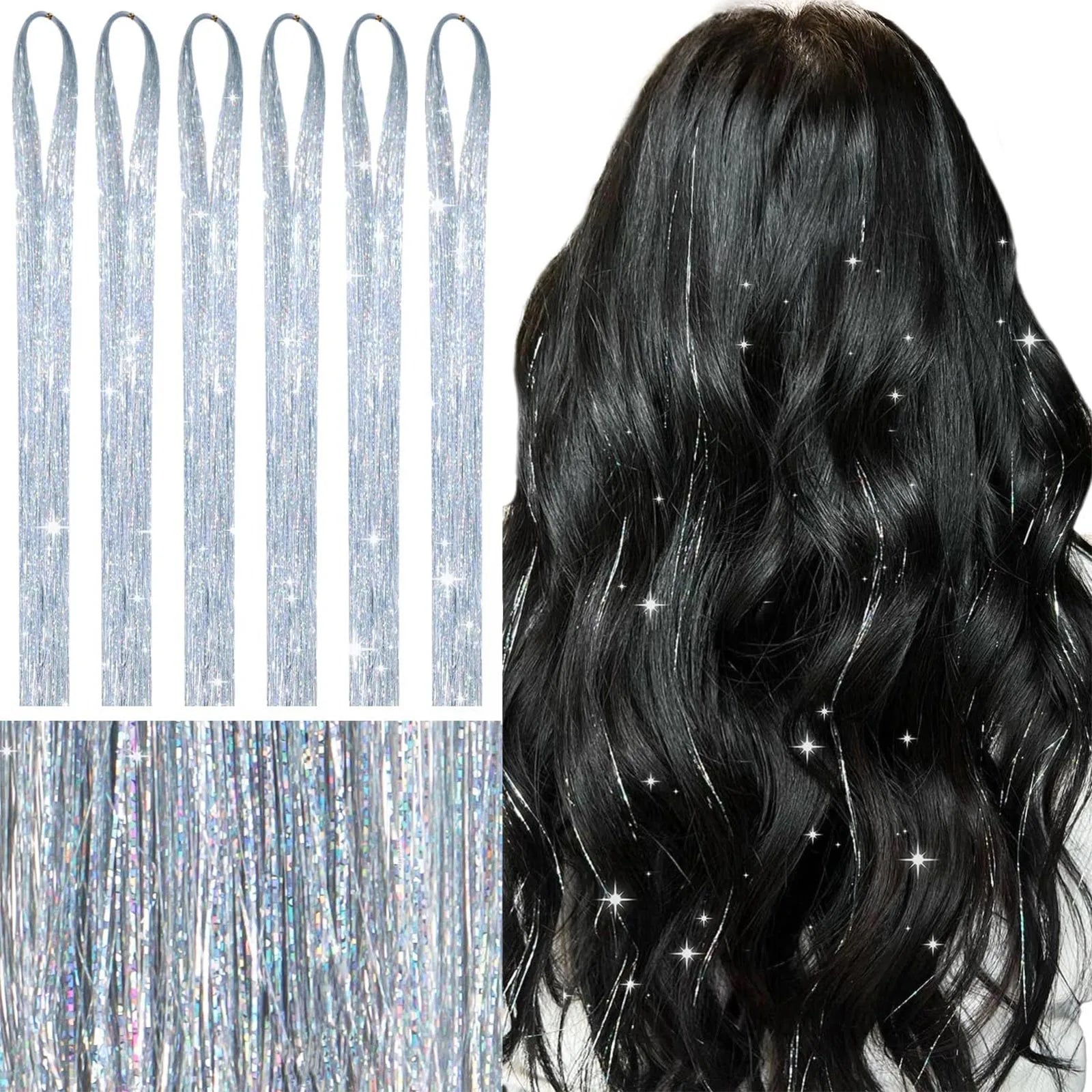 120cm Shiny Sparkle Threads Glitter Hair Tinsel Rainbow Strands Gold Hair Laser False Hair Extensions For Women Girls Styling