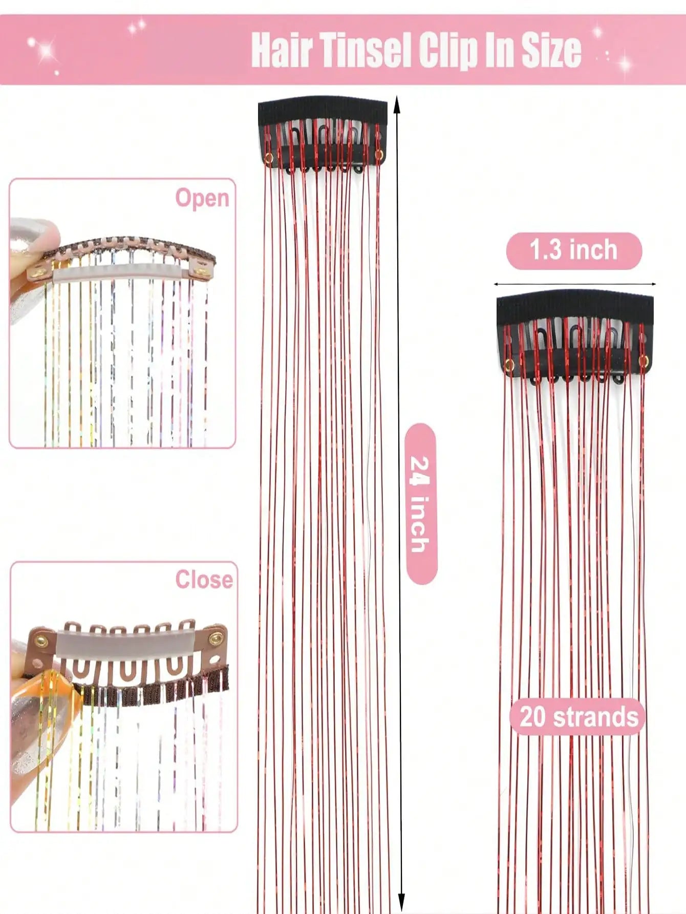 6 Pcs Royal Clip-In Hair Tinsel Synthetic Heat Resistant Glitter Fairy Hair Extensions Kit Clip for Women Girls Party Daily Use