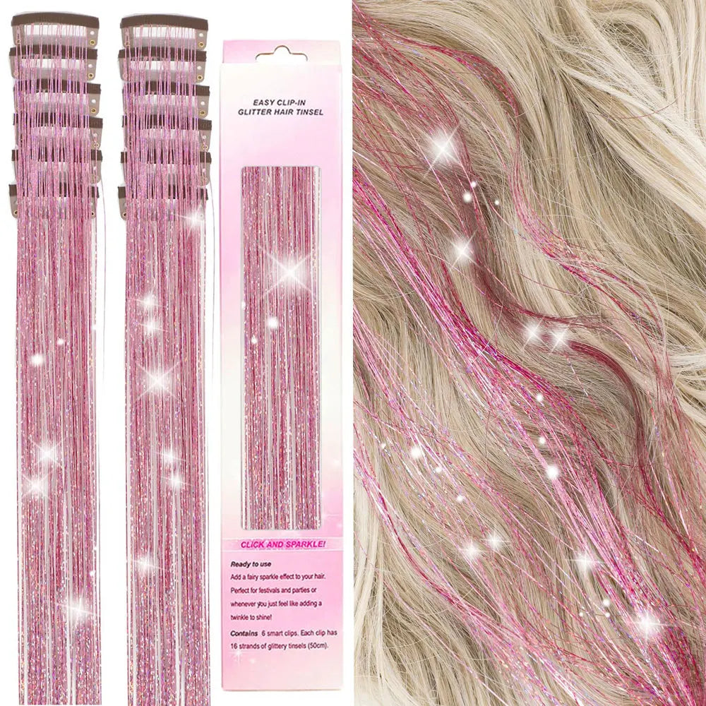 12Pcs Hair Tinsel Clip In 19.7" Glitter Tinsel Hair Extensions Synthetic Clip In Sparkle Hair Accessories For Kids Girls Women