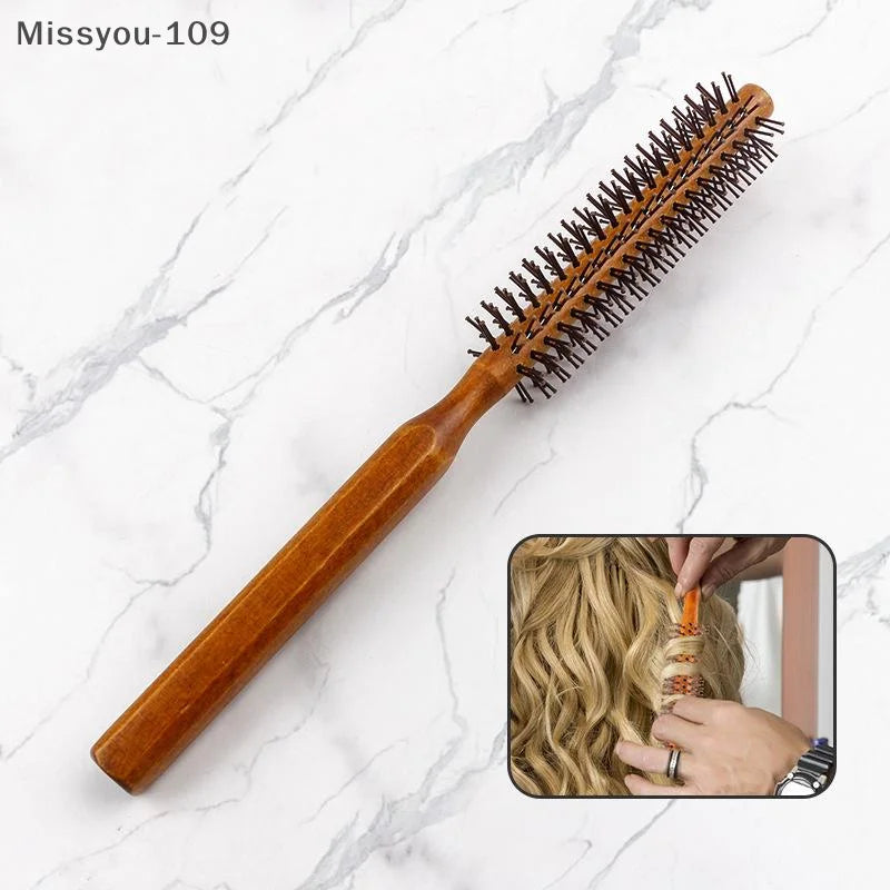 Bristle Wooden Curly Hair Comb Natural Boar Bristle Rolling Brush Round Barrel Blowing Curly Hairbrush Hair Styling Tool Barber