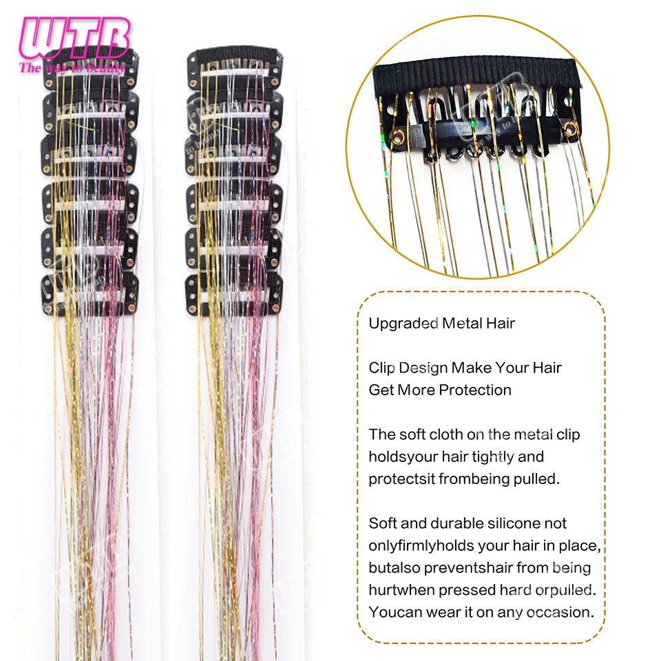 12Pcs 20Inch Glitter Tinsel Synthetic Straight Shining Hair Extensions Clip In Hair Tinsel Kit Sparkle Fairy Hair Accessories