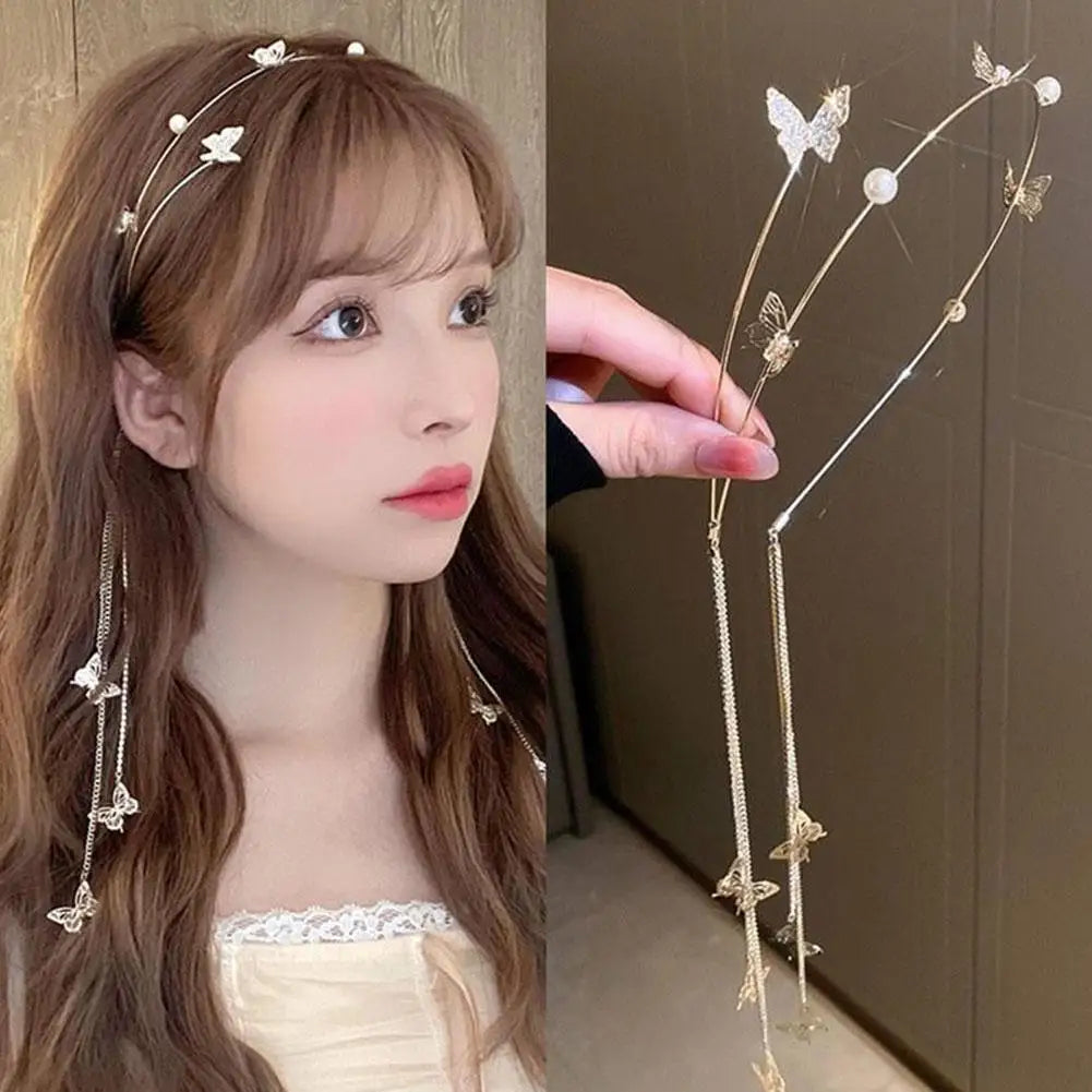 Tassel Butterfly Hair Accessories Crystal Pearl Headband Headdress Butterfly Headband Woman Tiara Hair Hoop For Girl's Headband