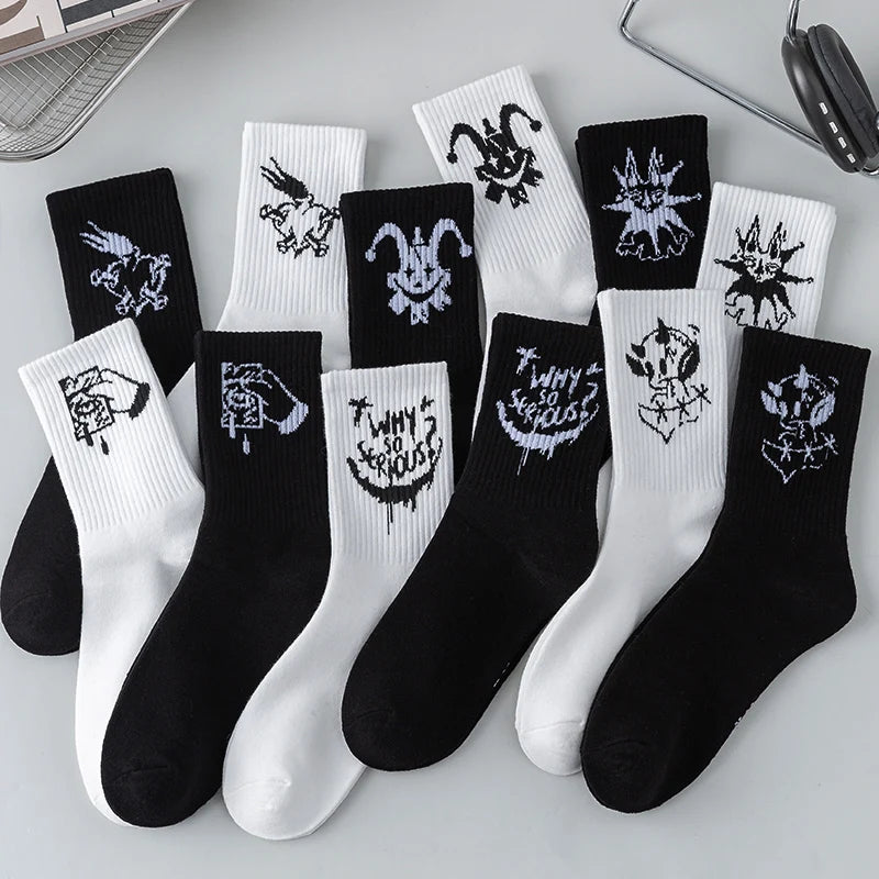 Men's graffiti funny socks, oversized socks, clown spray painted black and white socks