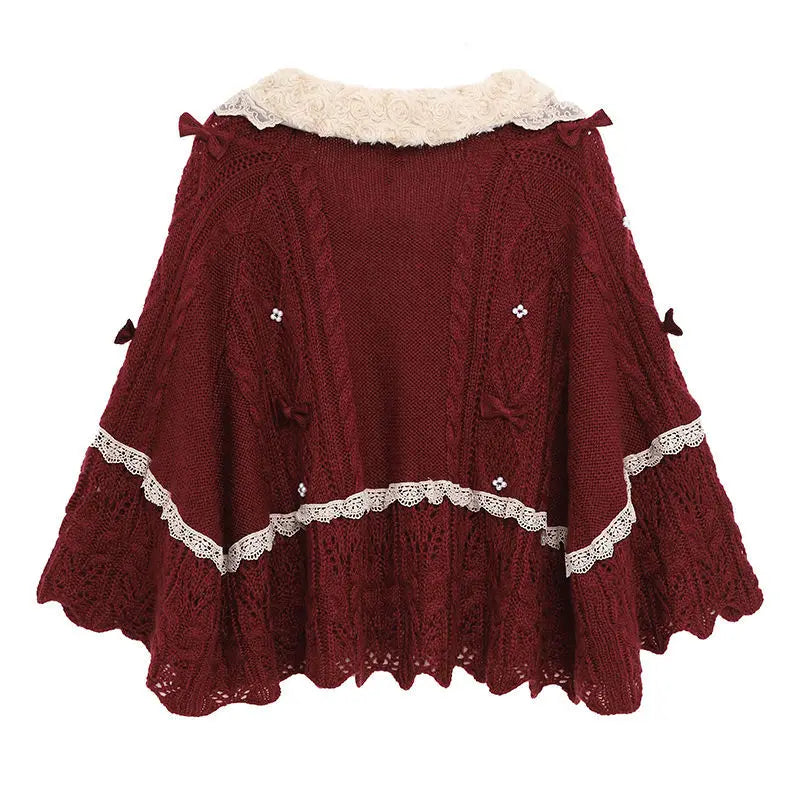Women Clothing 2026 Autumn Winter Vintage Lovely Lace Doll Neck Wine Red Sweater Languid Breeze Soft Waxy Sweet Sweater Women