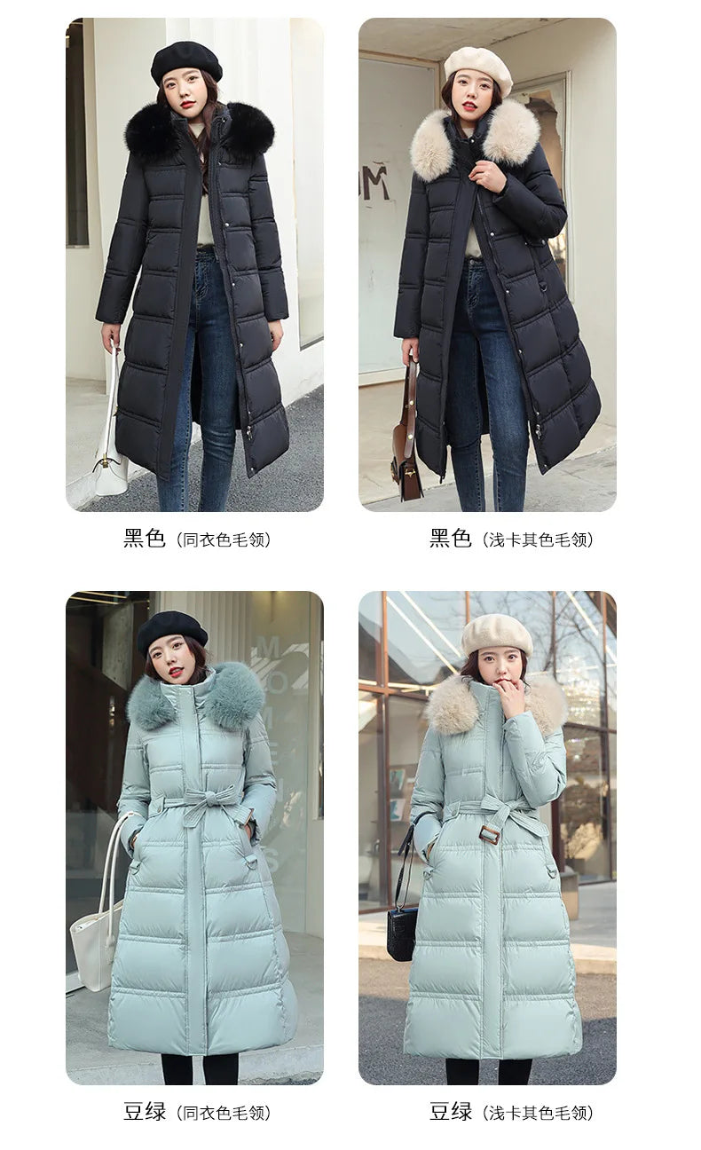 Winter 2025 New Women's Clothing Thickened Long Style Over the Knee Big Fur Collar Hooded Cotton Jacket Down Cotton Jacket Cot