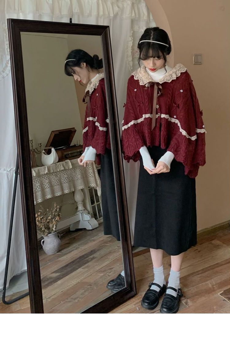 Women Clothing 2026 Autumn Winter Vintage Lovely Lace Doll Neck Wine Red Sweater Languid Breeze Soft Waxy Sweet Sweater Women