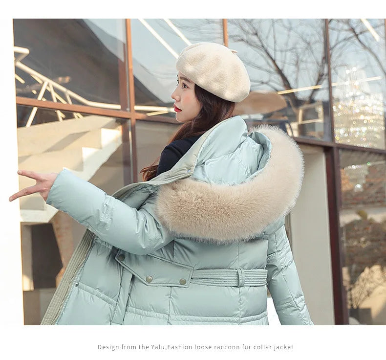 Winter 2025 New Women's Clothing Thickened Long Style Over the Knee Big Fur Collar Hooded Cotton Jacket Down Cotton Jacket Cot