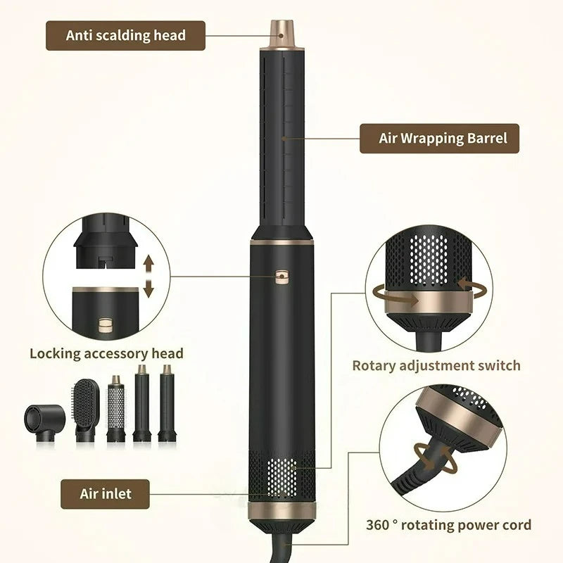 5-in-1 Air Blower Brush Hair Styler Ionic Hot Air Brush Curler & Straightener 1000W Detachable Heads Diffuser Hair Tools