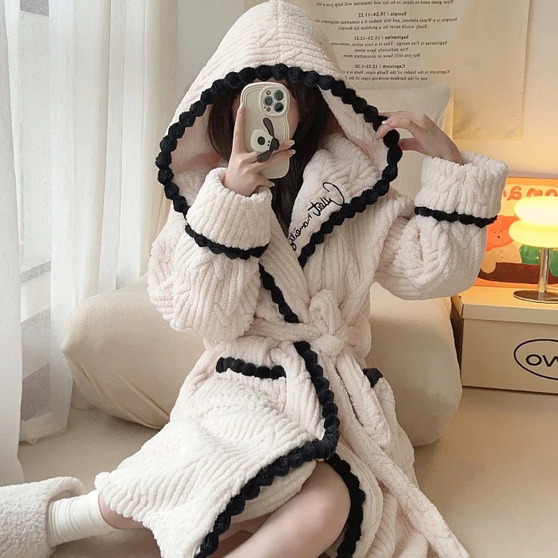 Women's Sexy Robe Coral Fleece Nightgown Female Autumn Winter Thickened Plush Warm Flannel Bathrobe Loose Casual Home Clothing