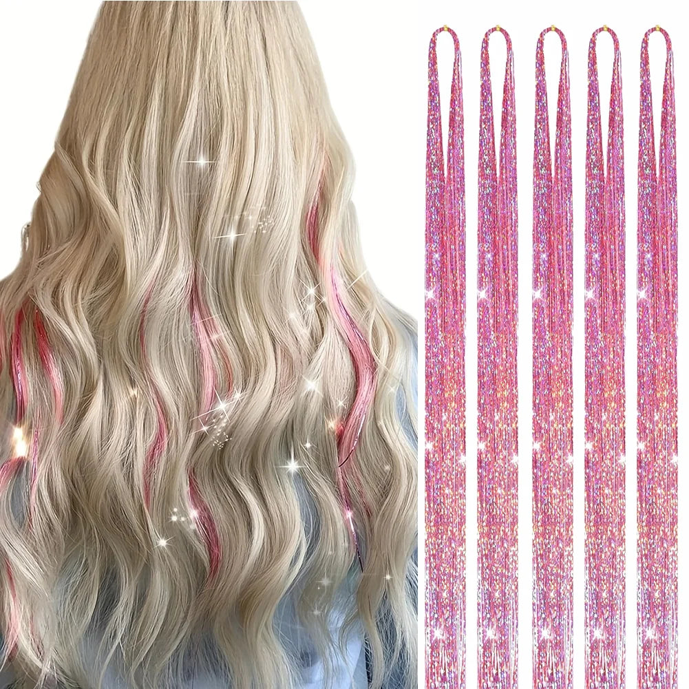 Hair Tinsel (46 Inch, 5pcs) Tinsel Hair Extensions for Girls and women Fairy Tinsel Hair Extensions Holographic  Synthetic Hair