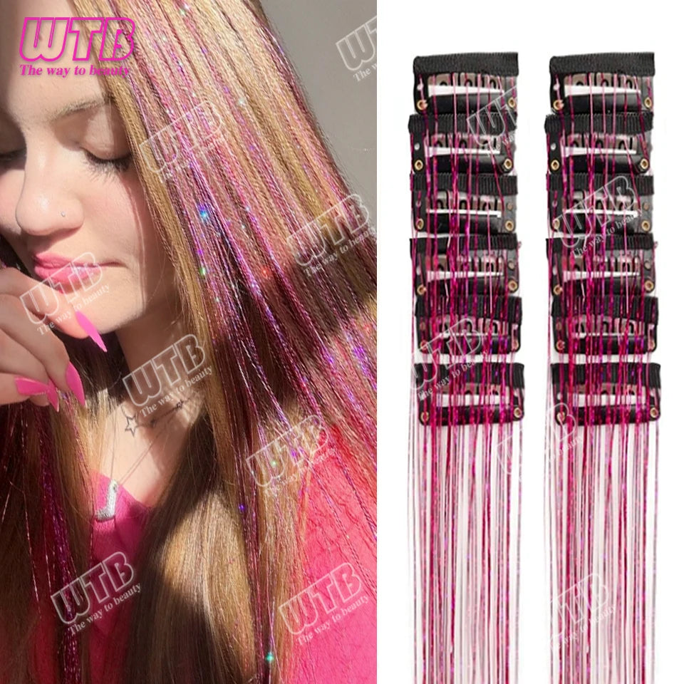 12Pcs 20Inch Glitter Tinsel Synthetic Straight Shining Hair Extensions Clip In Hair Tinsel Kit Sparkle Fairy Hair Accessories