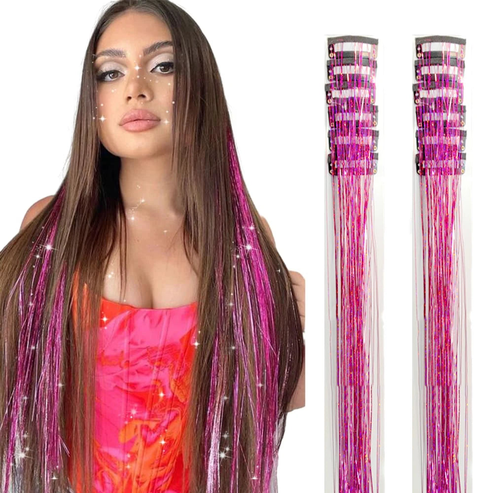 12 Pcs Clip-in Hair Tinsel Pack Colorful Glitter Fairy Hair Extensions Dazzle Party Accessory for Women Girls Kids