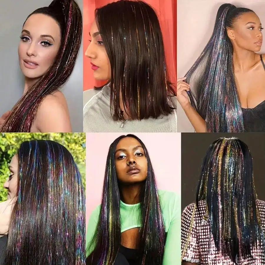 12Colors Shiny Hair Tinsel Strands Kit 34"/48"Synthetic Hair Glitter Extensions For Girls For Christmas New Year Cosplay Party