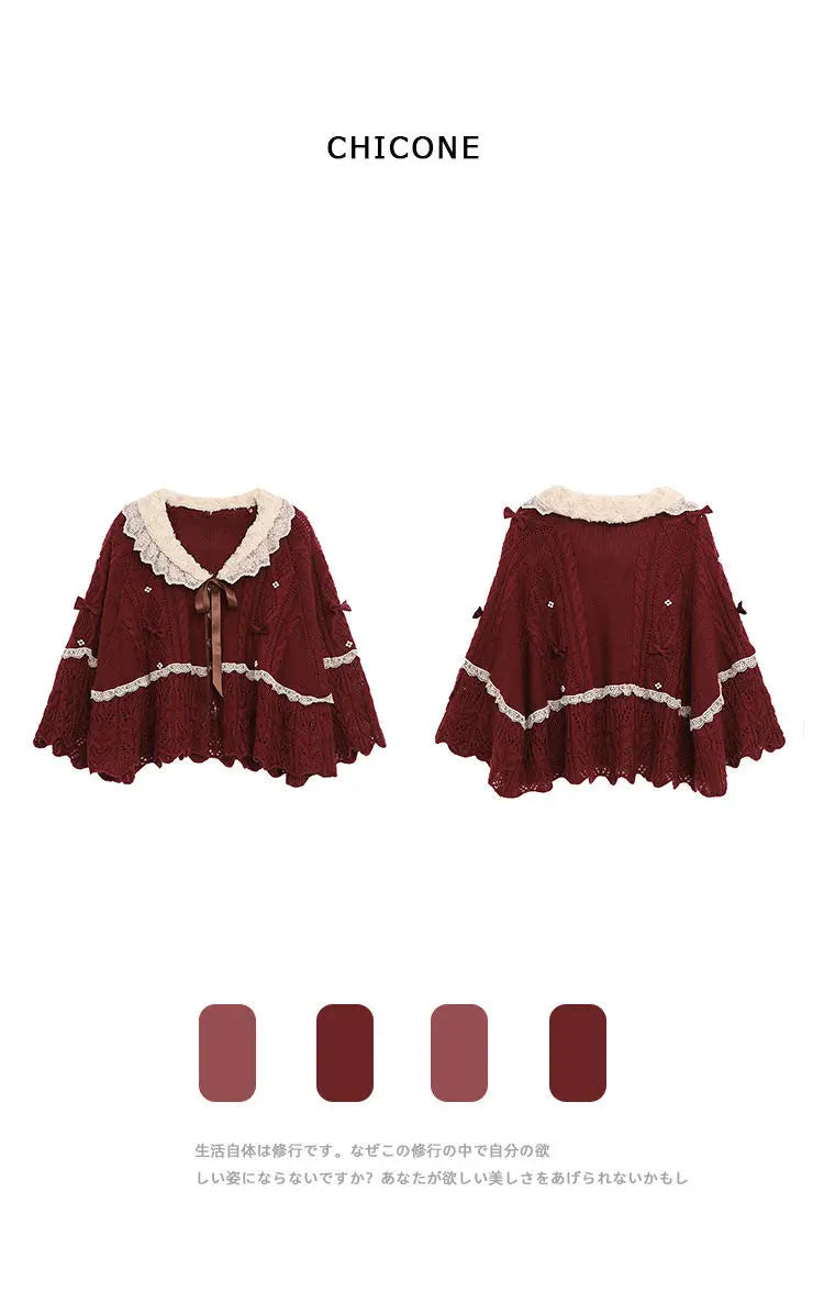 Women Clothing 2026 Autumn Winter Vintage Lovely Lace Doll Neck Wine Red Sweater Languid Breeze Soft Waxy Sweet Sweater Women