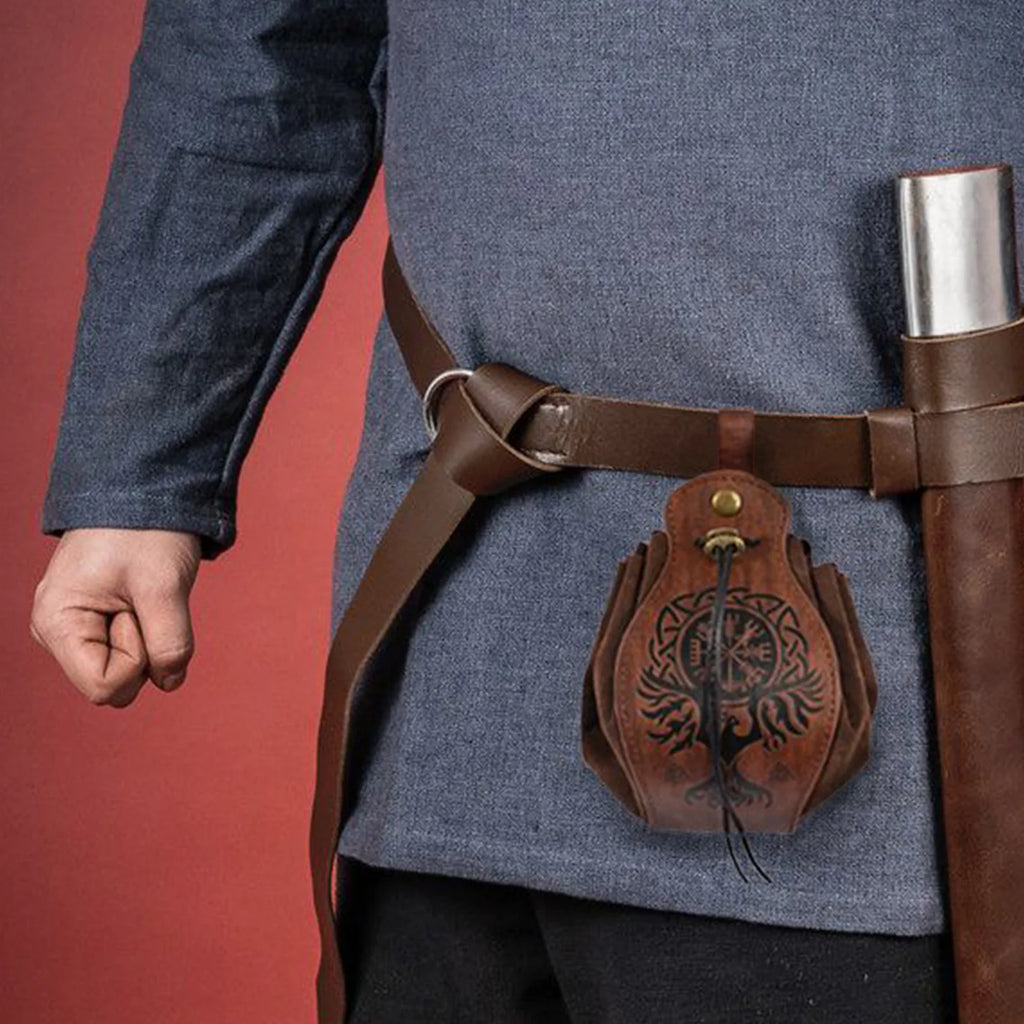 Vikings Rune Pouch String Coins Drawstring Bag Costume Vintage Halloween Accessory Leather Suede Medieval Loop Belt Kit Adult