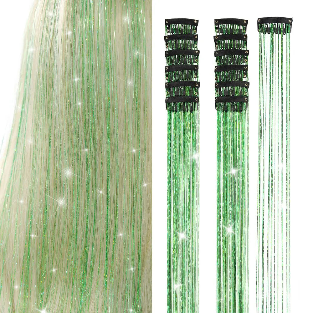 12Pcs Hair Tinsel Clip In 19.7" Glitter Tinsel Hair Extensions Synthetic Clip In Sparkle Hair Accessories For Kids Girls Women