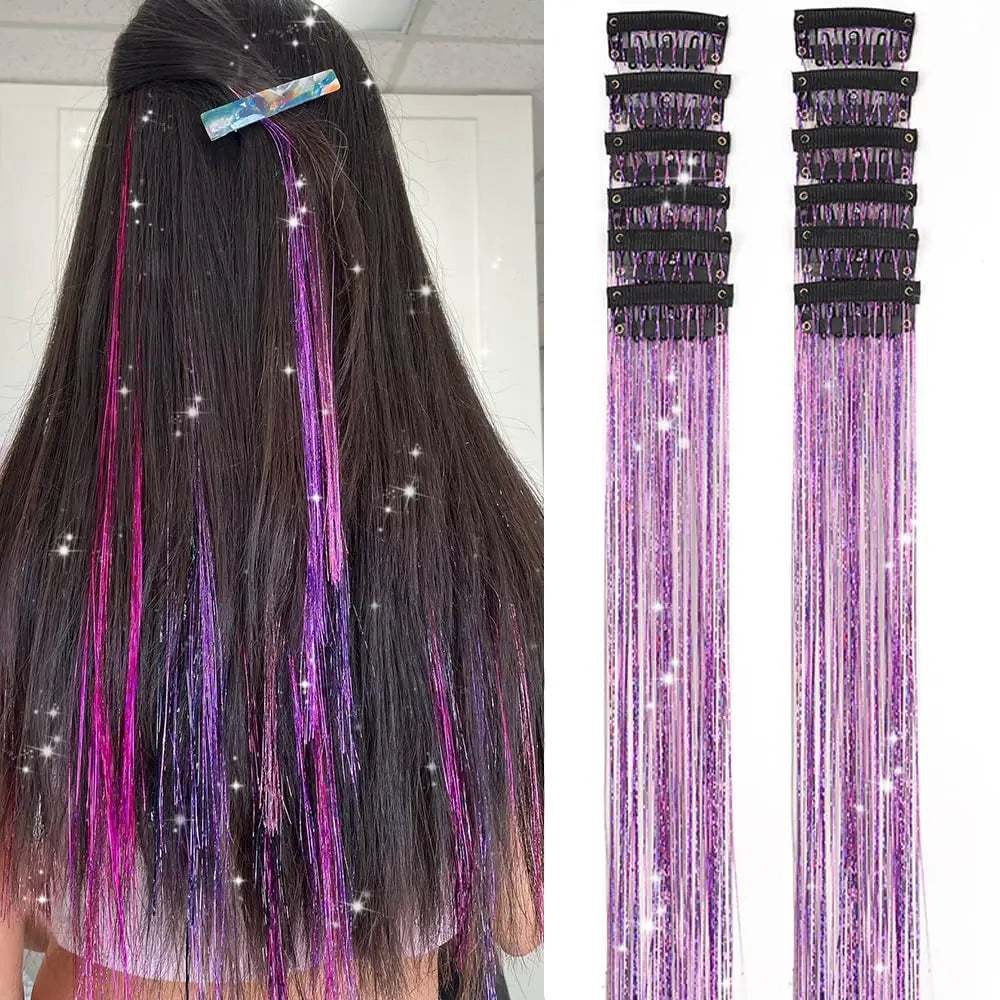 12 Pcs Clip-in Hair Tinsel Pack Colorful Glitter Fairy Hair Extensions Dazzle Party Accessory for Women Girls Kids