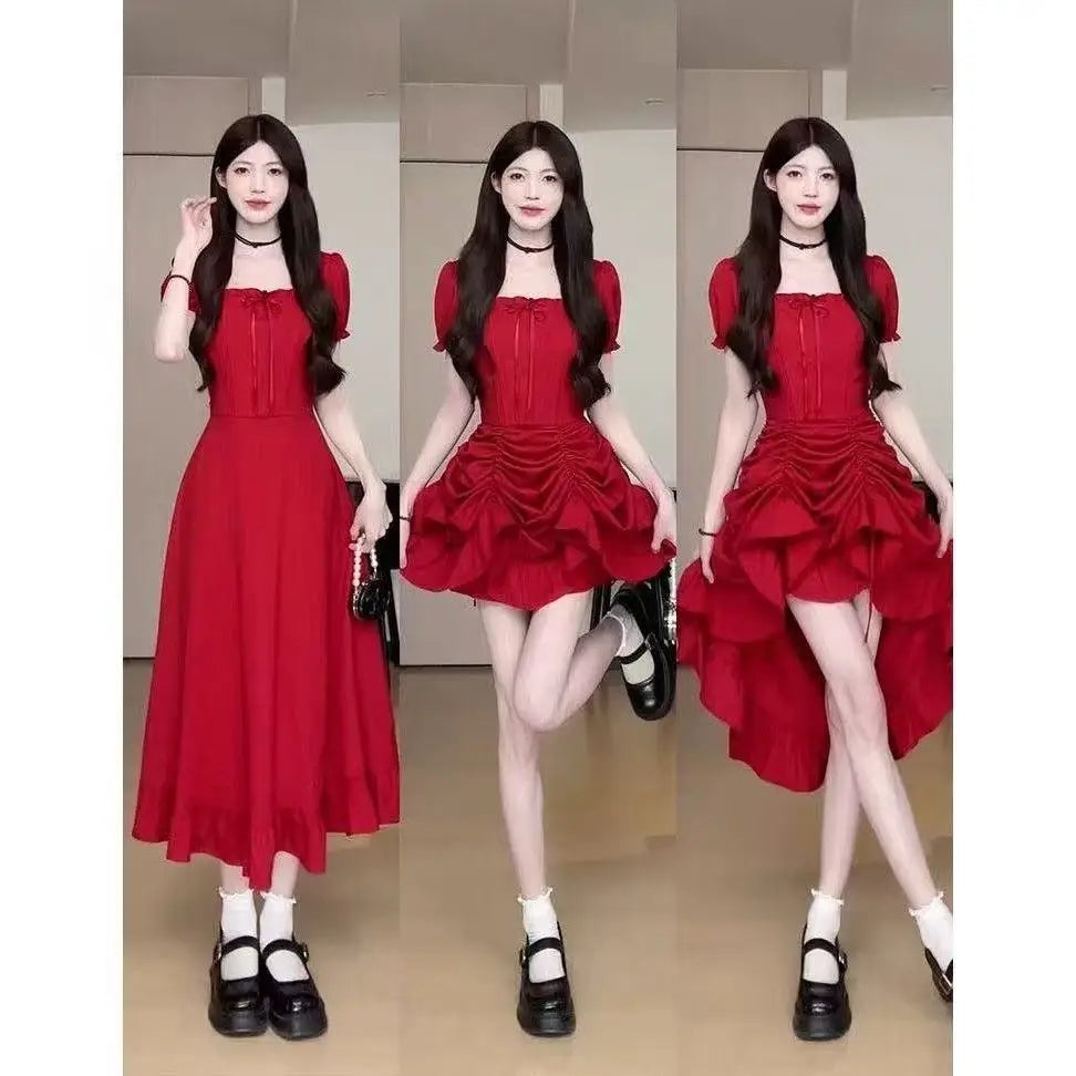 Women's Fashion 1 Dress Four Wear Method Lady Graceful Retro Square Collar Short Sleeve Black Dresses 2025 New Dinner Party Gown