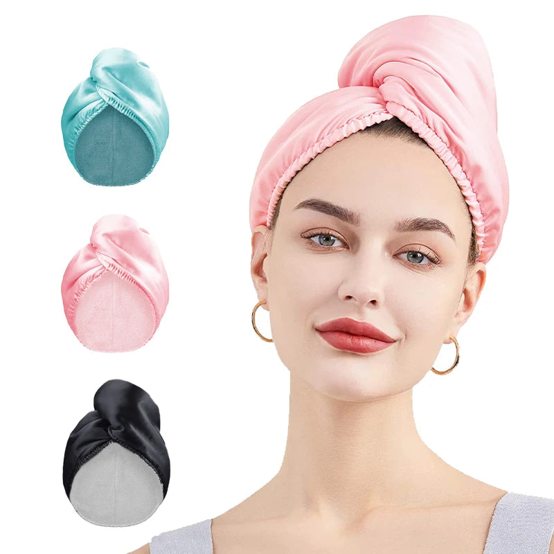 Satin Wrapped Silk Dry Hair Cap Satin Ultra-Soft Coral Fleece Luxurious Color Hair Towel Wrap Quick-Dry Absorbent Shower Cap Tur