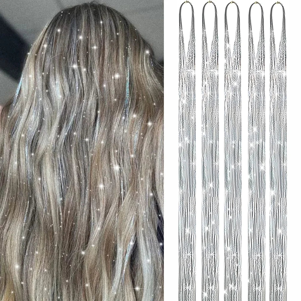 Hair Tinsel (46 Inch, 5pcs) Tinsel Hair Extensions for Girls and women Fairy Tinsel Hair Extensions Holographic  Synthetic Hair