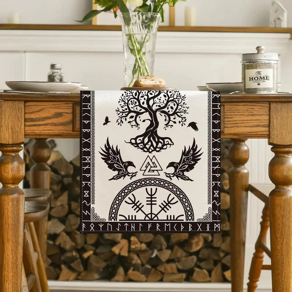 Vintage Nordic Viking printed table flag, artistic Yggdrasil&Run design, faux linen fabric, home, party pagan ritual scenes