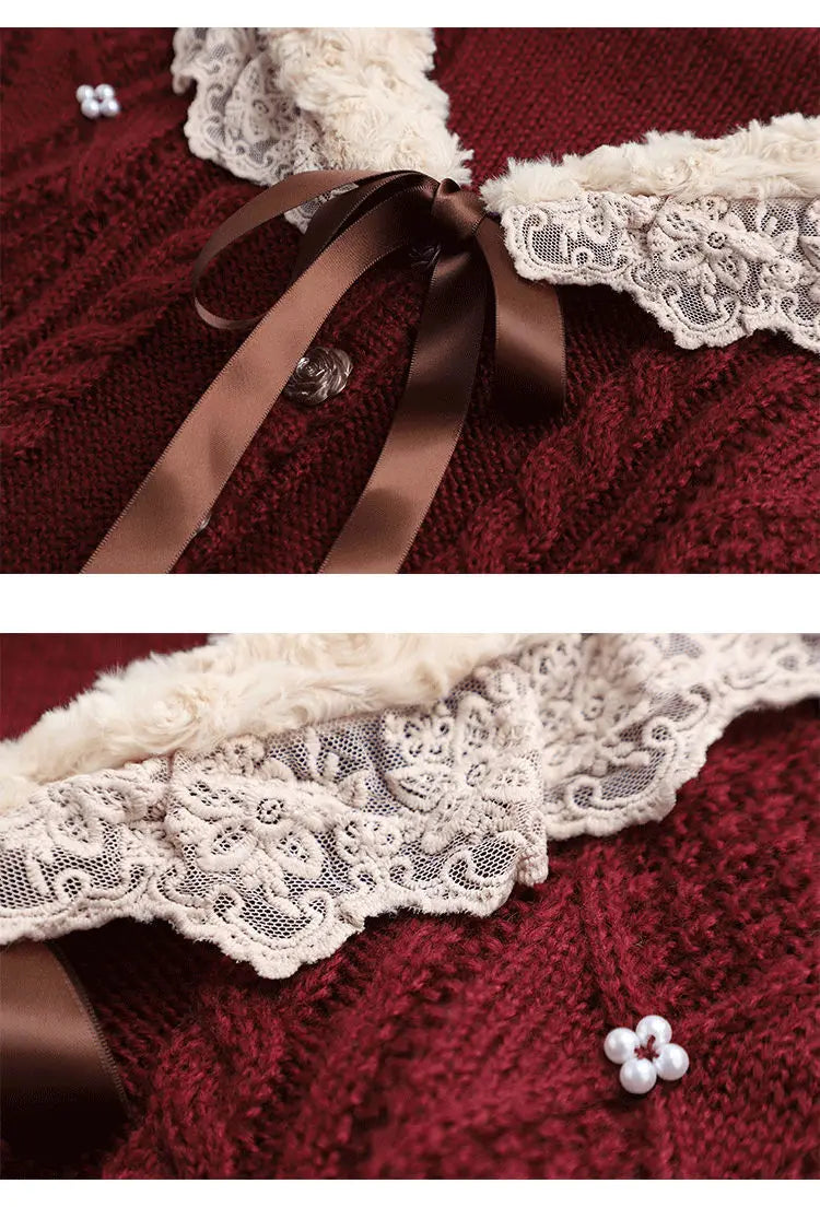 Women Clothing 2026 Autumn Winter Vintage Lovely Lace Doll Neck Wine Red Sweater Languid Breeze Soft Waxy Sweet Sweater Women