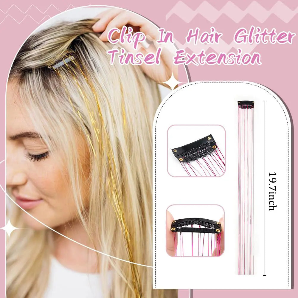 12Pcs Hair Tinsel Clip In 19.7" Glitter Tinsel Hair Extensions Synthetic Clip In Sparkle Hair Accessories For Kids Girls Women