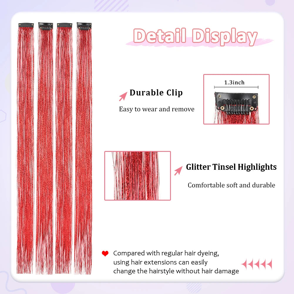 Clip in Hair Tinsel Synthetic 22 Inch Colorfull Tinsel Hair Extensions 5Pcs/Pack for Women Girls Party Christmas New Year Gift