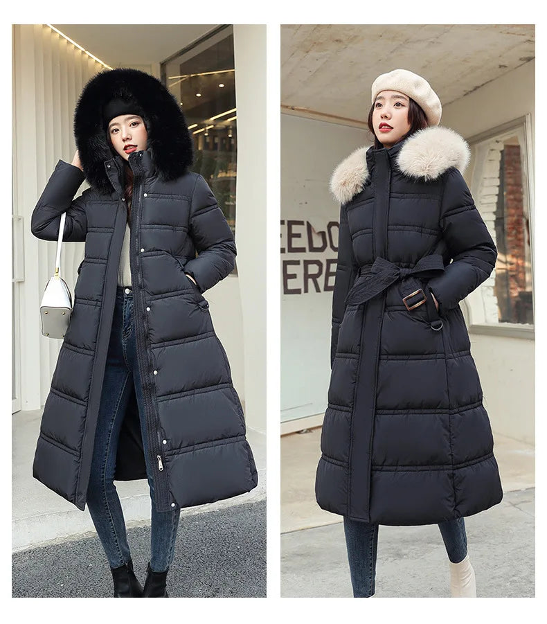 Winter 2025 New Women's Clothing Thickened Long Style Over the Knee Big Fur Collar Hooded Cotton Jacket Down Cotton Jacket Cot