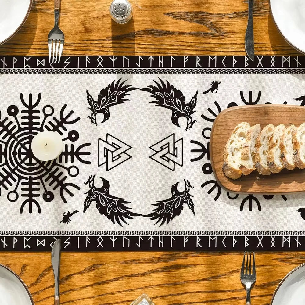 Vintage Nordic Viking printed table flag, artistic Yggdrasil&Run design, faux linen fabric, home, party pagan ritual scenes