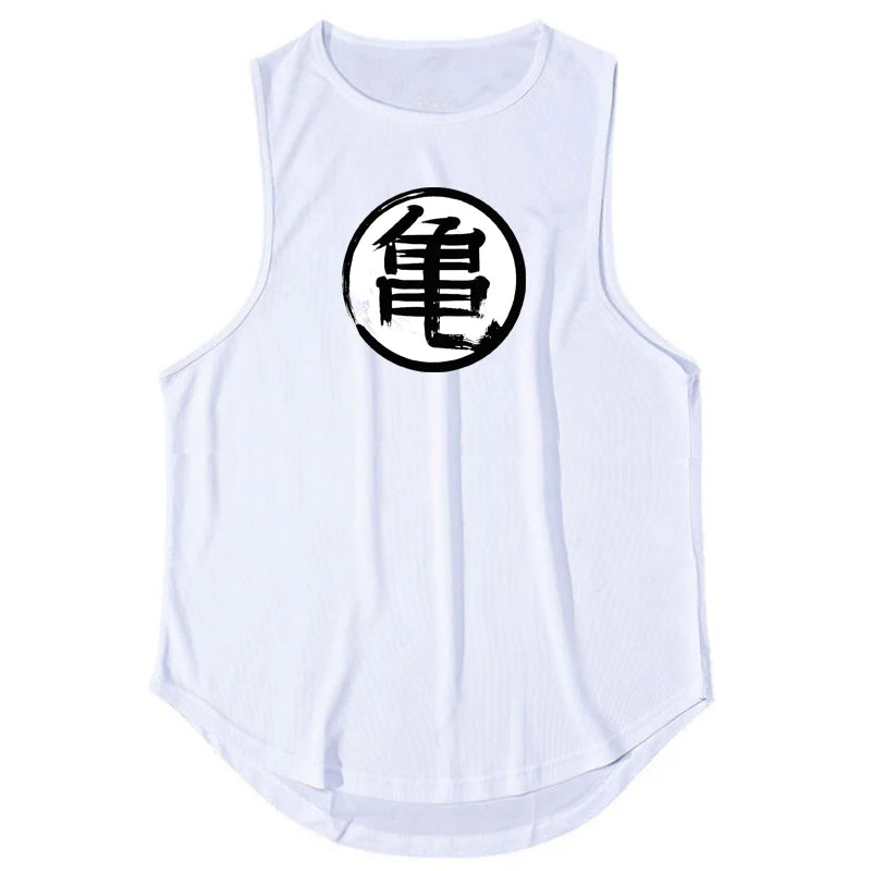 Japanese Anime Turtle Script Printed Mens Gym Clothing Fitness Vest Quick Dry Bodybuilding Tank Top Muscle Sleeveless Shirt