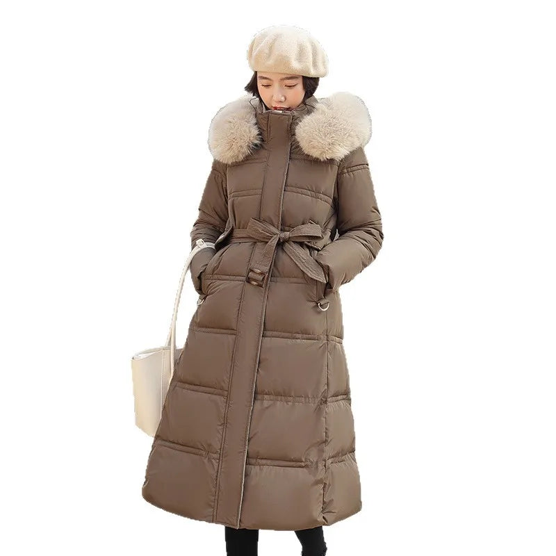 Winter 2025 New Women's Clothing Thickened Long Style Over the Knee Big Fur Collar Hooded Cotton Jacket Down Cotton Jacket Cot