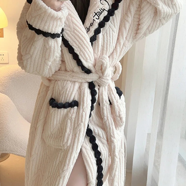 Women's Sexy Robe Coral Fleece Nightgown Female Autumn Winter Thickened Plush Warm Flannel Bathrobe Loose Casual Home Clothing