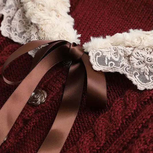 Women Clothing 2026 Autumn Winter Vintage Lovely Lace Doll Neck Wine Red Sweater Languid Breeze Soft Waxy Sweet Sweater Women