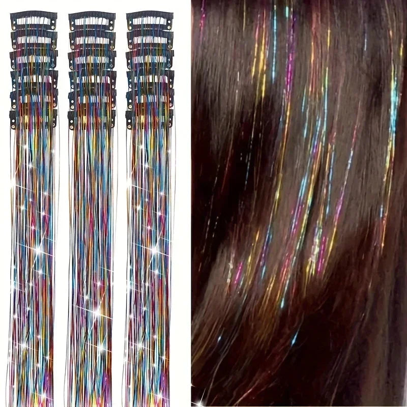 12Pcs Synthetic Hair Tinsel Clip in 52cm Glitter Tinsel HairClip in Hair Tinsel Kit Heat Resistant Shiny Sparkle Fairy Hair
