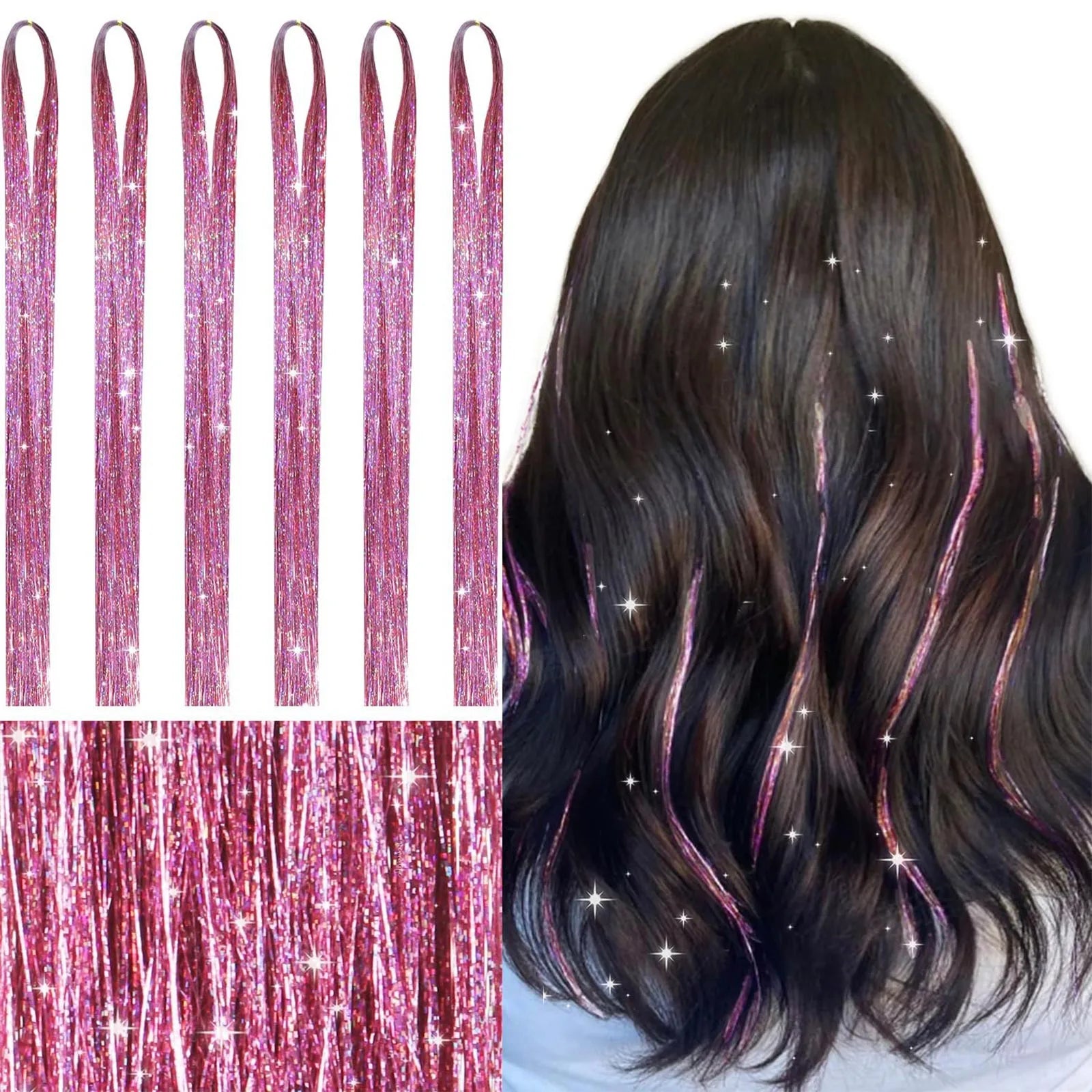 120cm Shiny Sparkle Threads Glitter Hair Tinsel Rainbow Strands Gold Hair Laser False Hair Extensions For Women Girls Styling