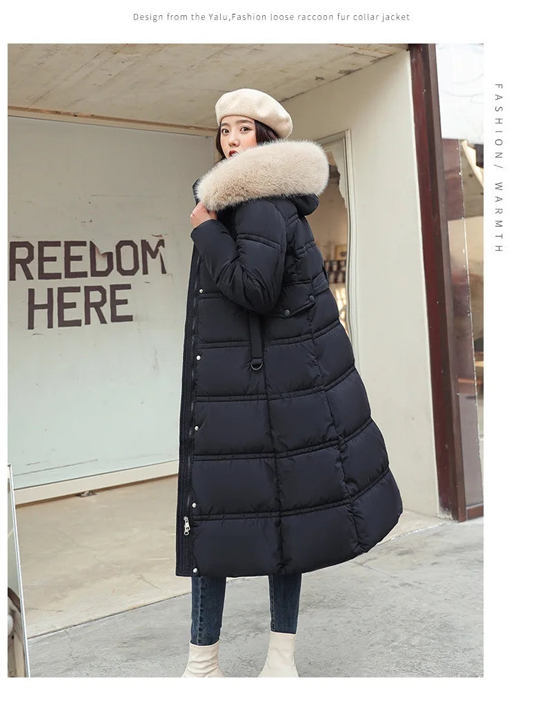 Winter 2025 New Women's Clothing Thickened Long Style Over the Knee Big Fur Collar Hooded Cotton Jacket Down Cotton Jacket Cot