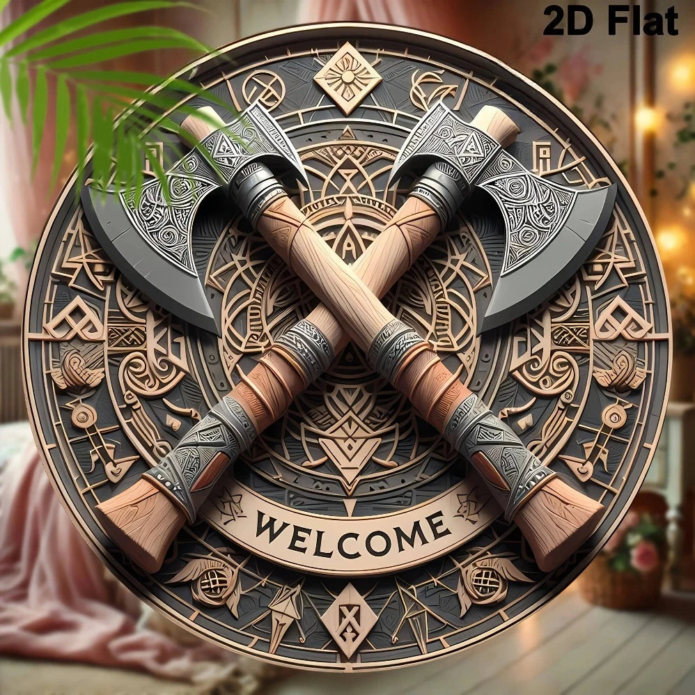 Viking Brand Aluminum Viking Axe Welcome Sign - Norse Design Wall Art Wall-Mounted Unique Home Decor Accent