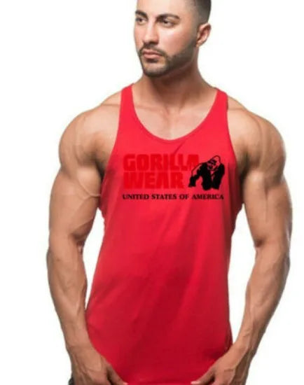 Men Gym Clothing Bodybuilding Muscle High quality Vest Mens Fitness 100% Cotton Sweat-absorbent Sports Training Print Two-Color